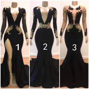 2023 Black Mermaid Long Sleeves V Neck Gold Appliques Prom Dresses