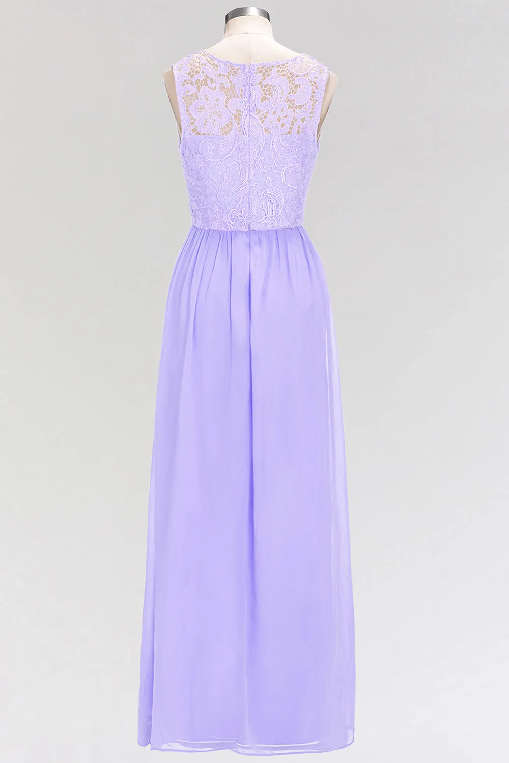 A-line Chiffon Lace Jewel Sleeveless Long Bridesmaid Dress with Ruffles