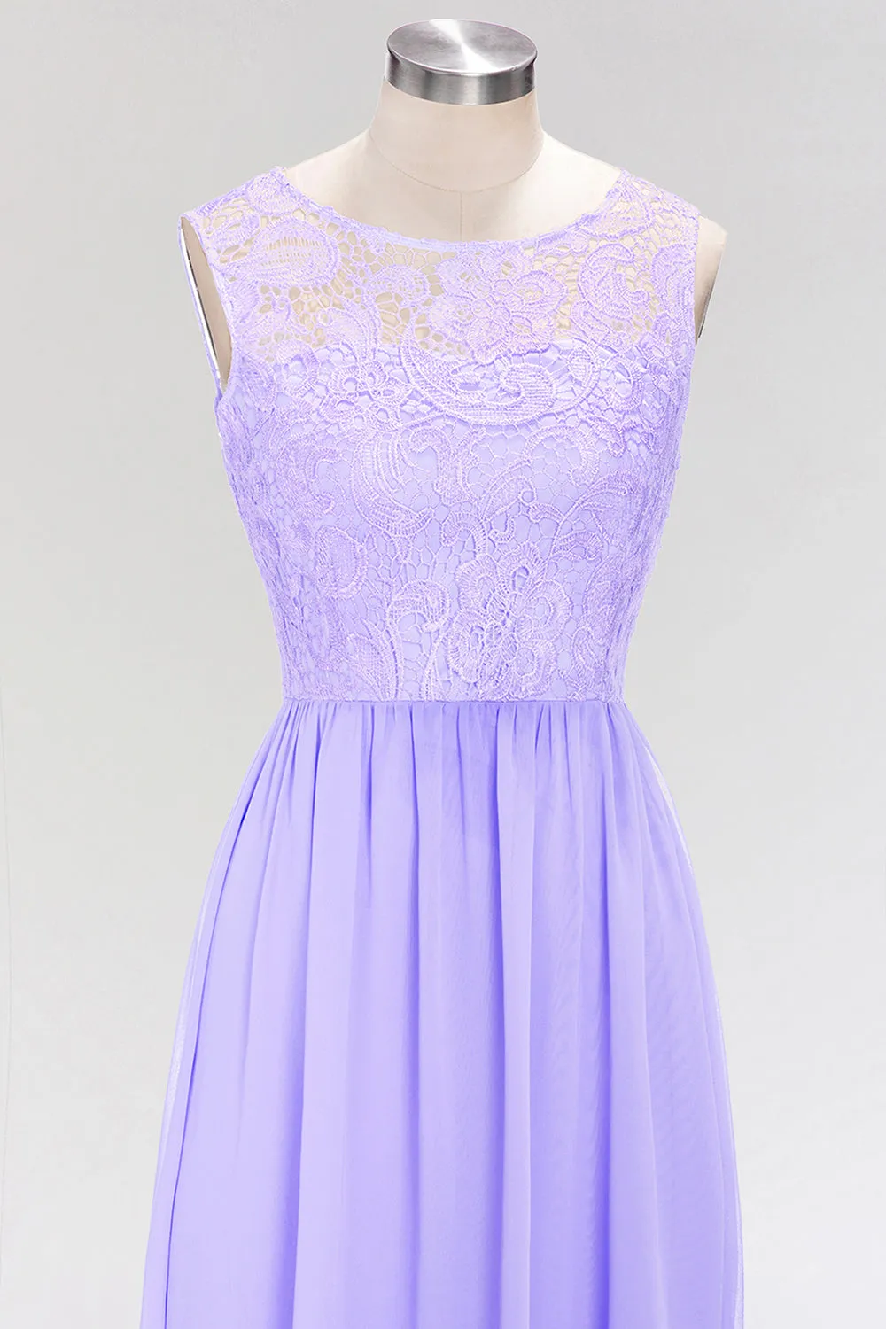 A-line Chiffon Lace Jewel Sleeveless Long Bridesmaid Dress with Ruffles