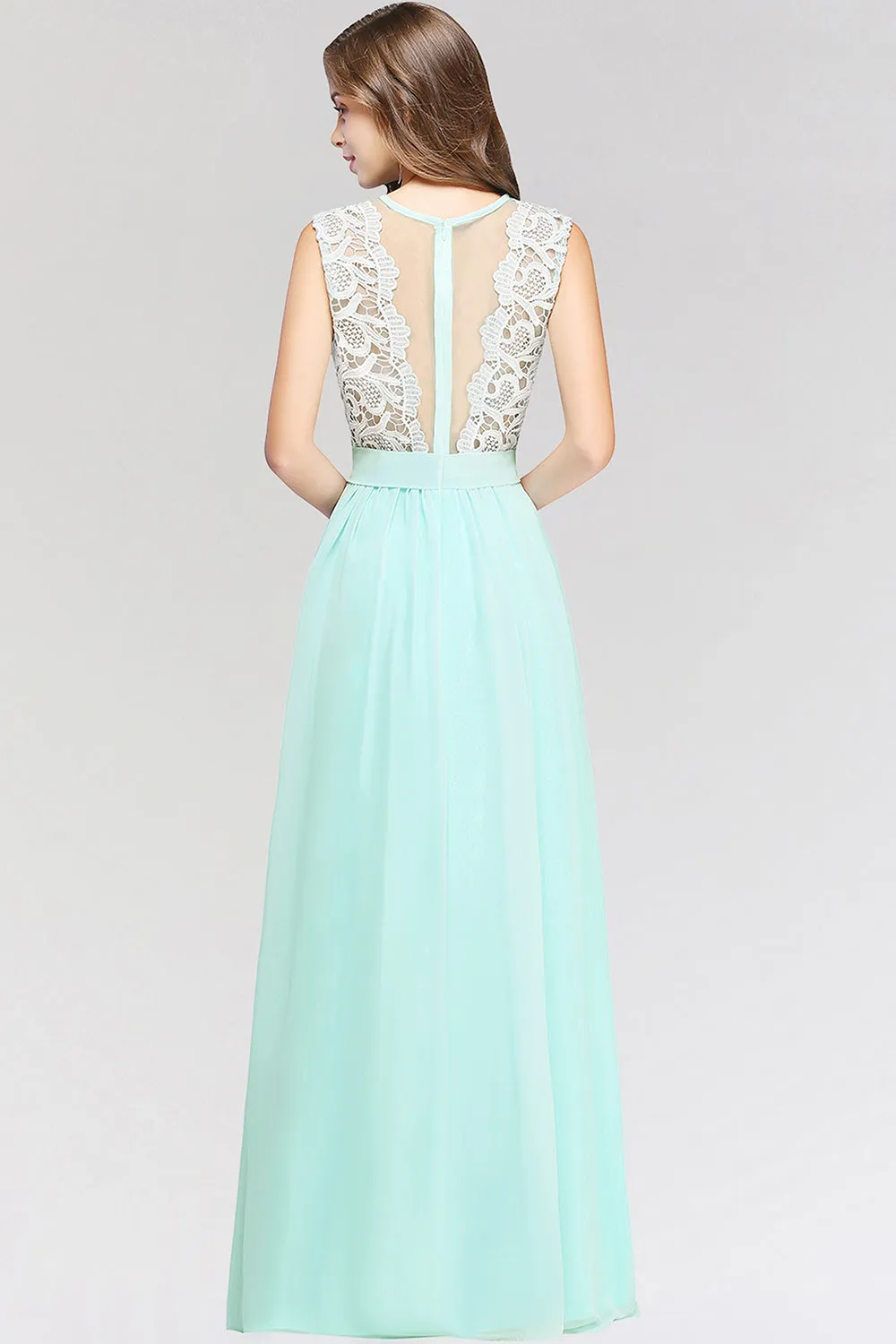 A-line Chiffon Lace Jewel Sleeveless Long Bridesmaid Dress with Ruffles