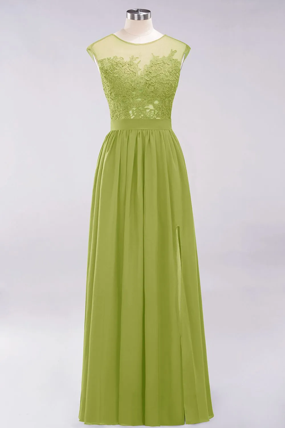 A-line Chiffon Lace Jewel Sleeveless Long Bridesmaid Dresses with Slit