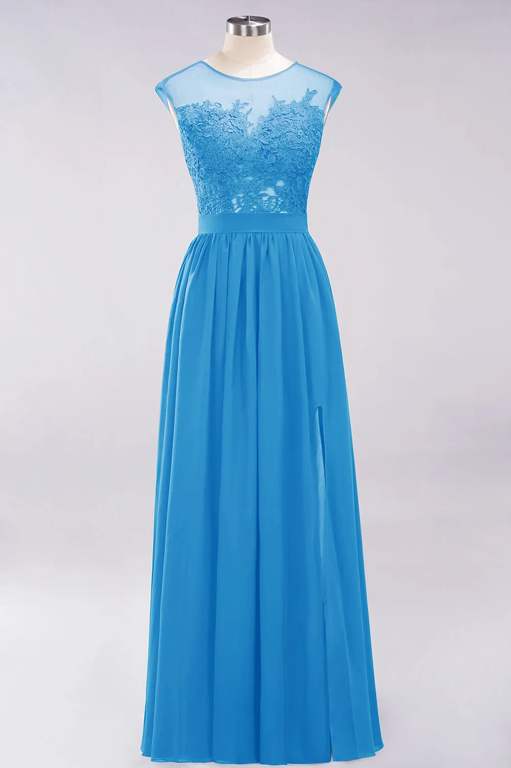 A-line Chiffon Lace Jewel Sleeveless Long Bridesmaid Dresses with Slit