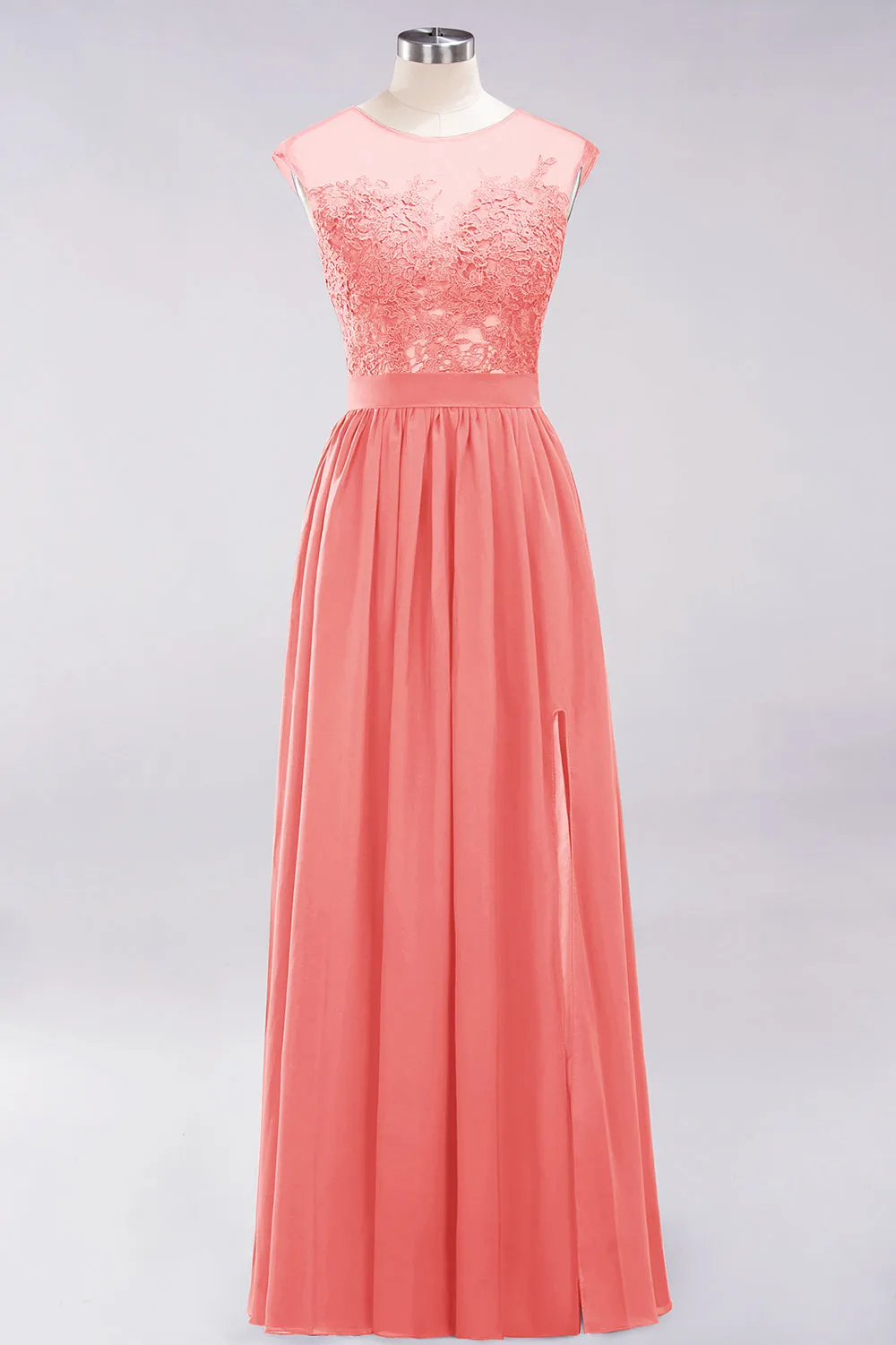 A-line Chiffon Lace Jewel Sleeveless Long Bridesmaid Dresses with Slit