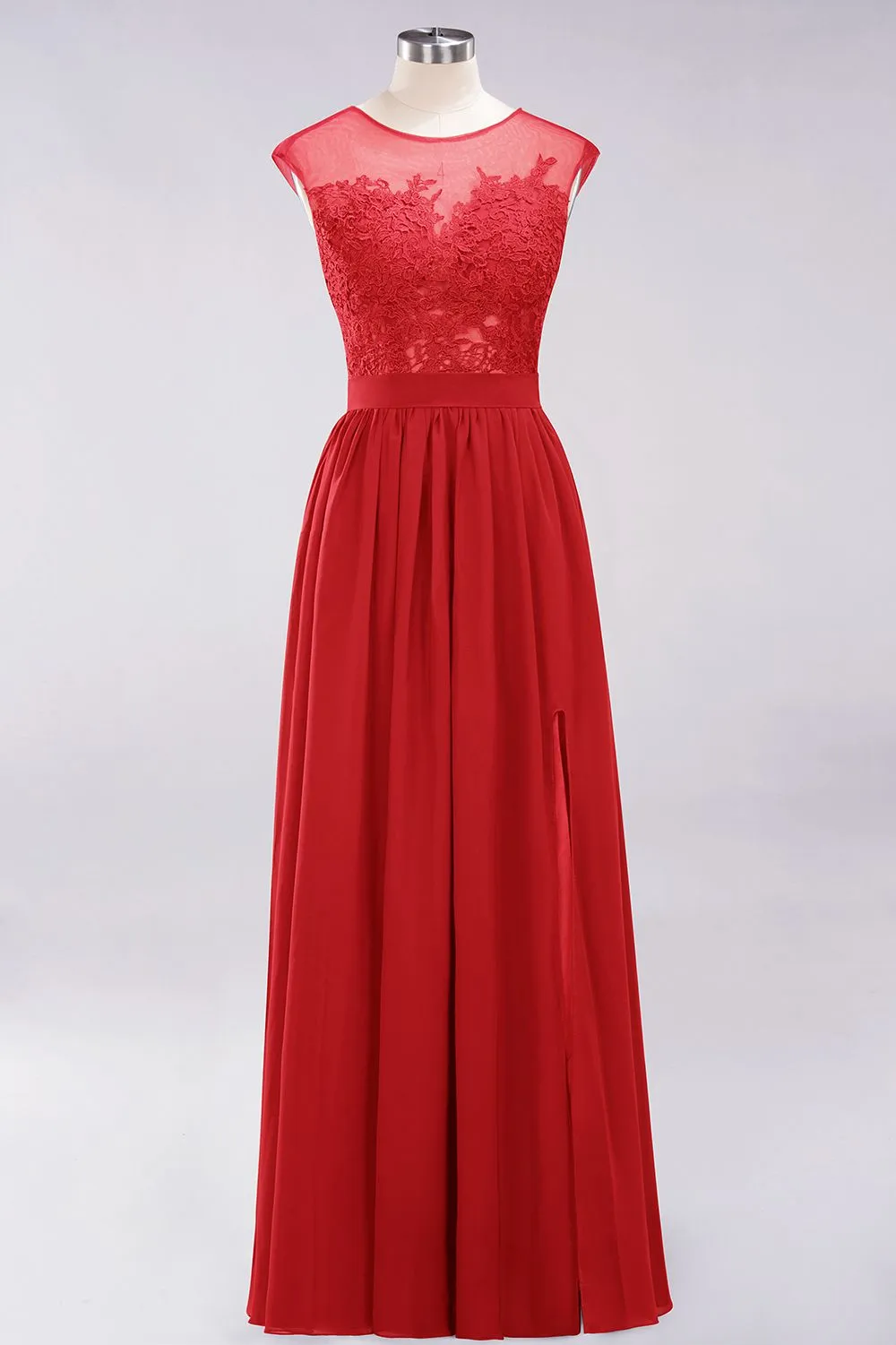 A-line Chiffon Lace Jewel Sleeveless Long Bridesmaid Dresses with Slit