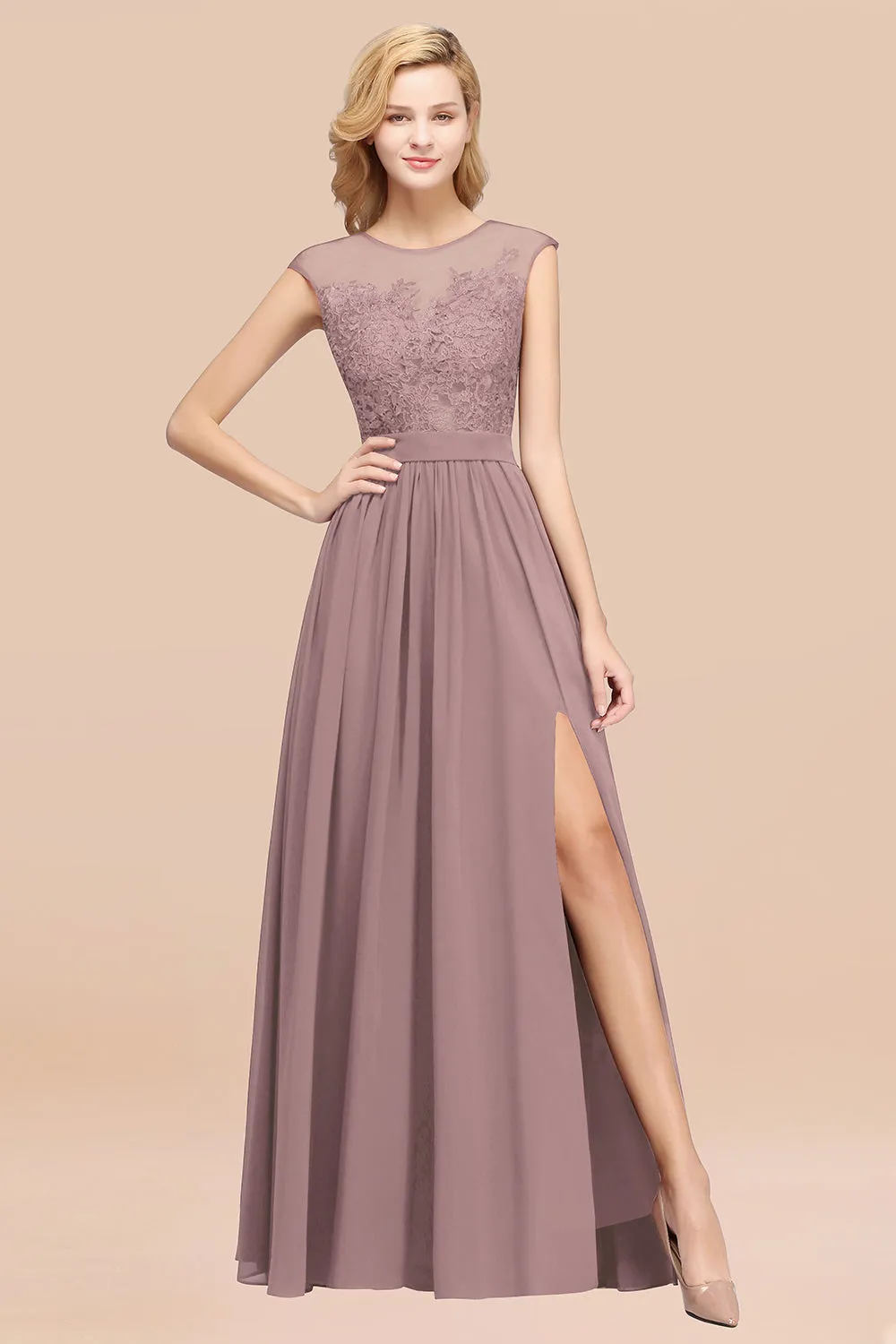 A-line Chiffon Lace Jewel Sleeveless Long Bridesmaid Dresses with Slit