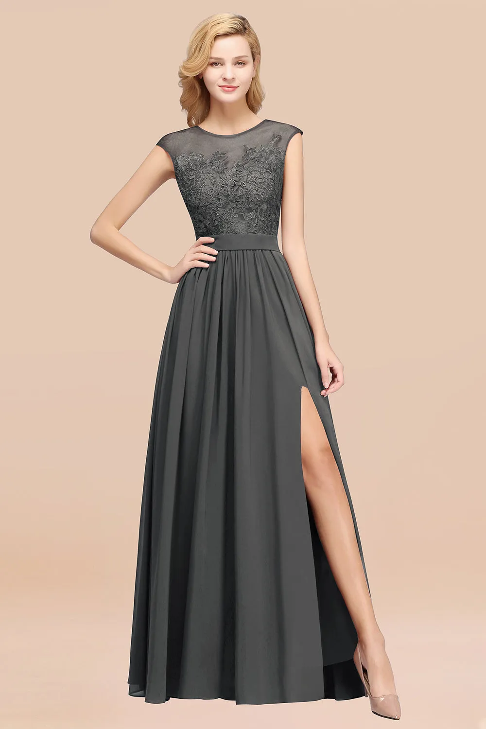 A-line Chiffon Lace Jewel Sleeveless Long Bridesmaid Dresses with Slit