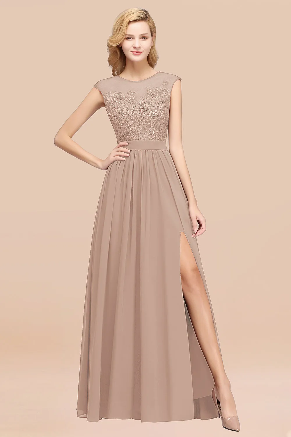 A-line Chiffon Lace Jewel Sleeveless Long Bridesmaid Dresses with Slit