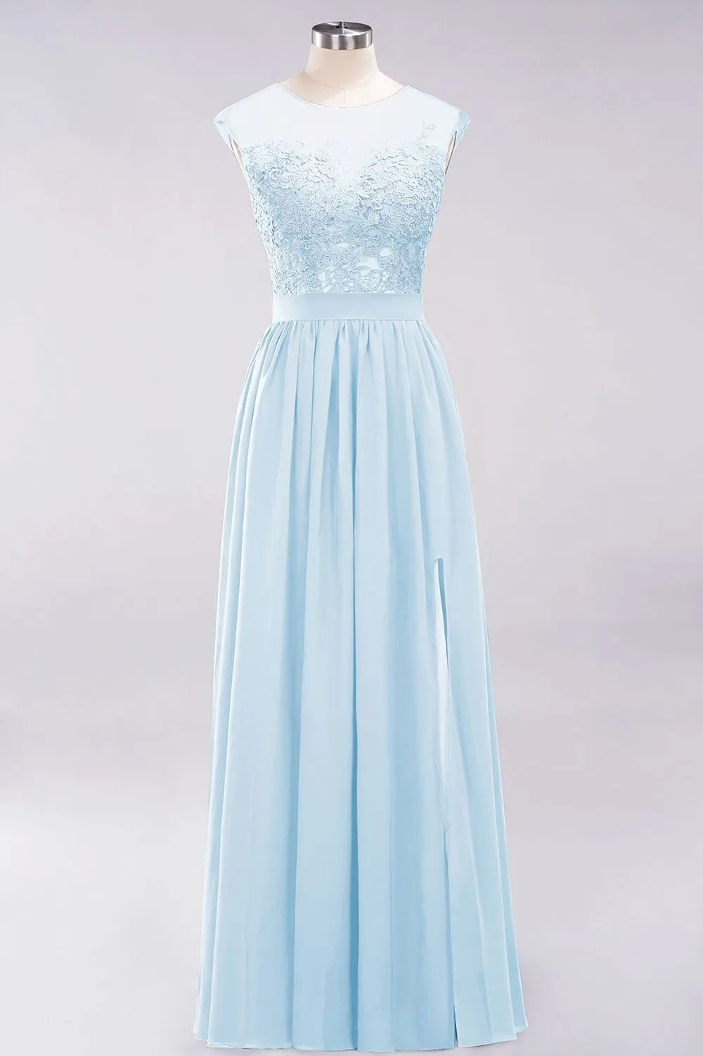 A-line Chiffon Lace Jewel Sleeveless Long Bridesmaid Dresses with Slit