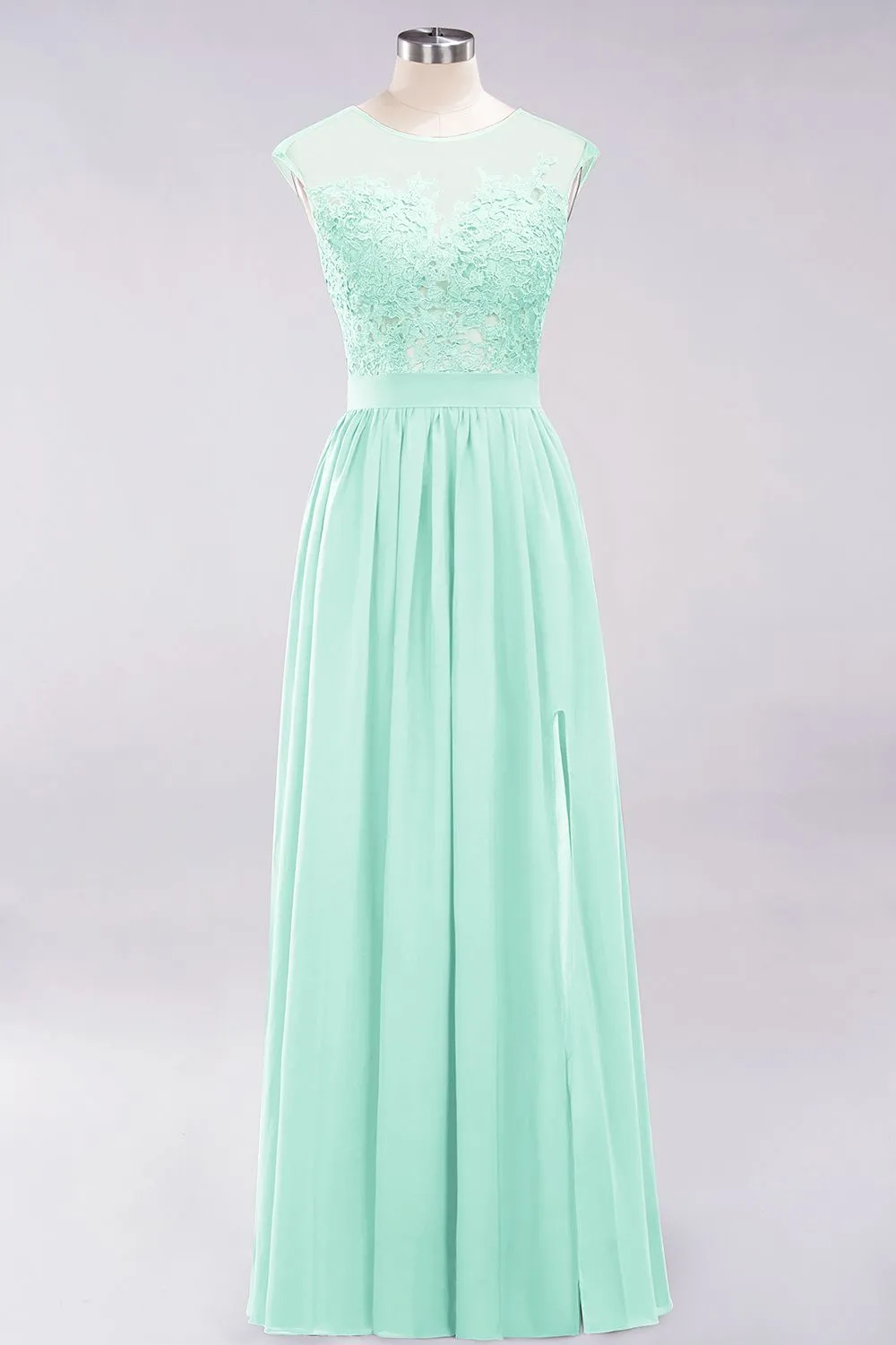 A-line Chiffon Lace Jewel Sleeveless Long Bridesmaid Dresses with Slit