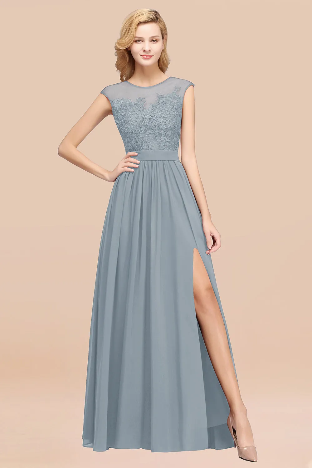 A-line Chiffon Lace Jewel Sleeveless Long Bridesmaid Dresses with Slit