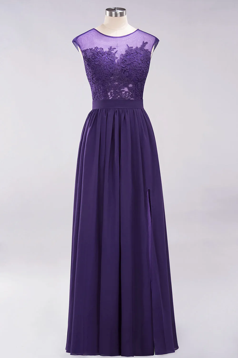 A-line Chiffon Lace Jewel Sleeveless Long Bridesmaid Dresses with Slit