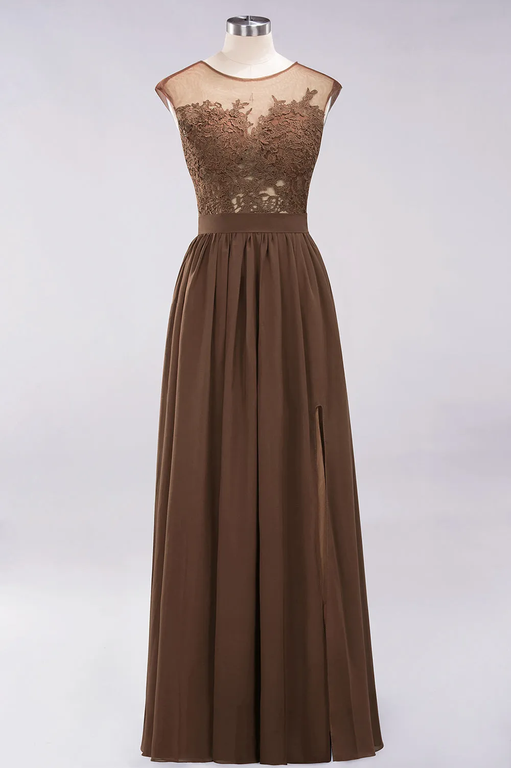 A-line Chiffon Lace Jewel Sleeveless Long Bridesmaid Dresses with Slit