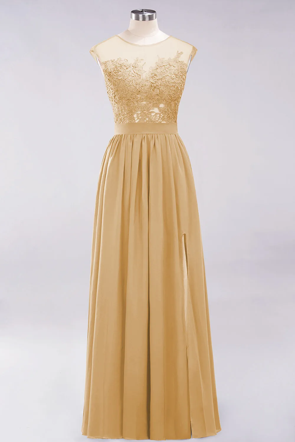 A-line Chiffon Lace Jewel Sleeveless Long Bridesmaid Dresses with Slit