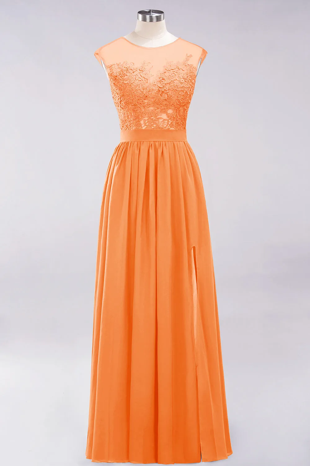 A-line Chiffon Lace Jewel Sleeveless Long Bridesmaid Dresses with Slit