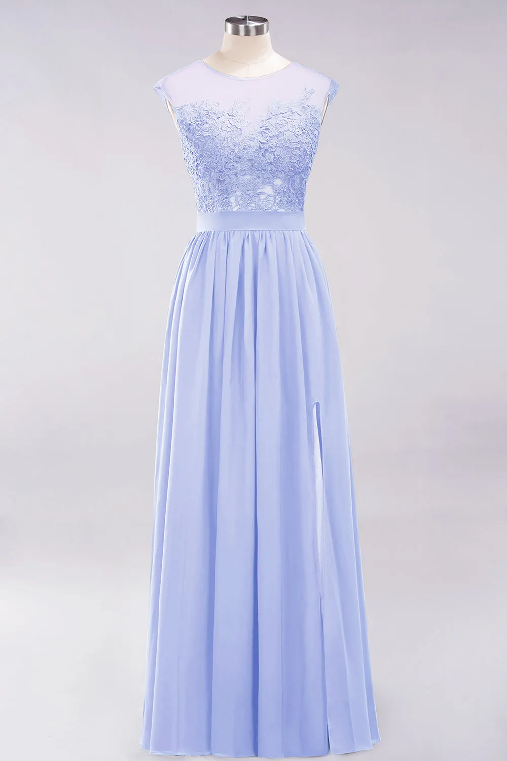 A-line Chiffon Lace Jewel Sleeveless Long Bridesmaid Dresses with Slit