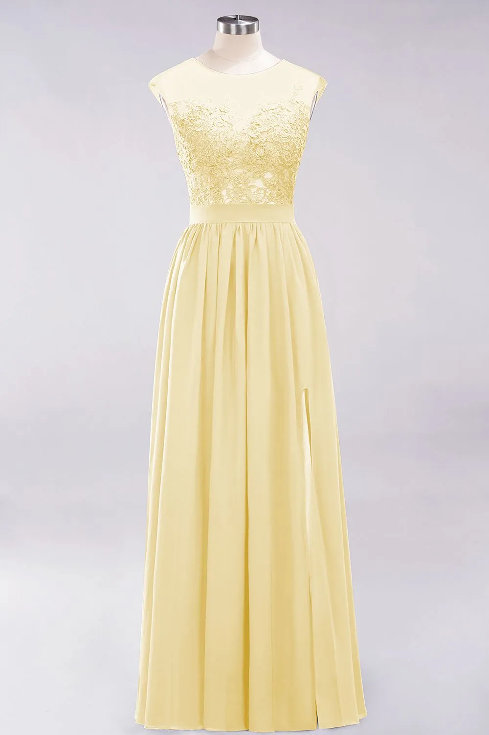 A-line Chiffon Lace Jewel Sleeveless Long Bridesmaid Dresses with Slit