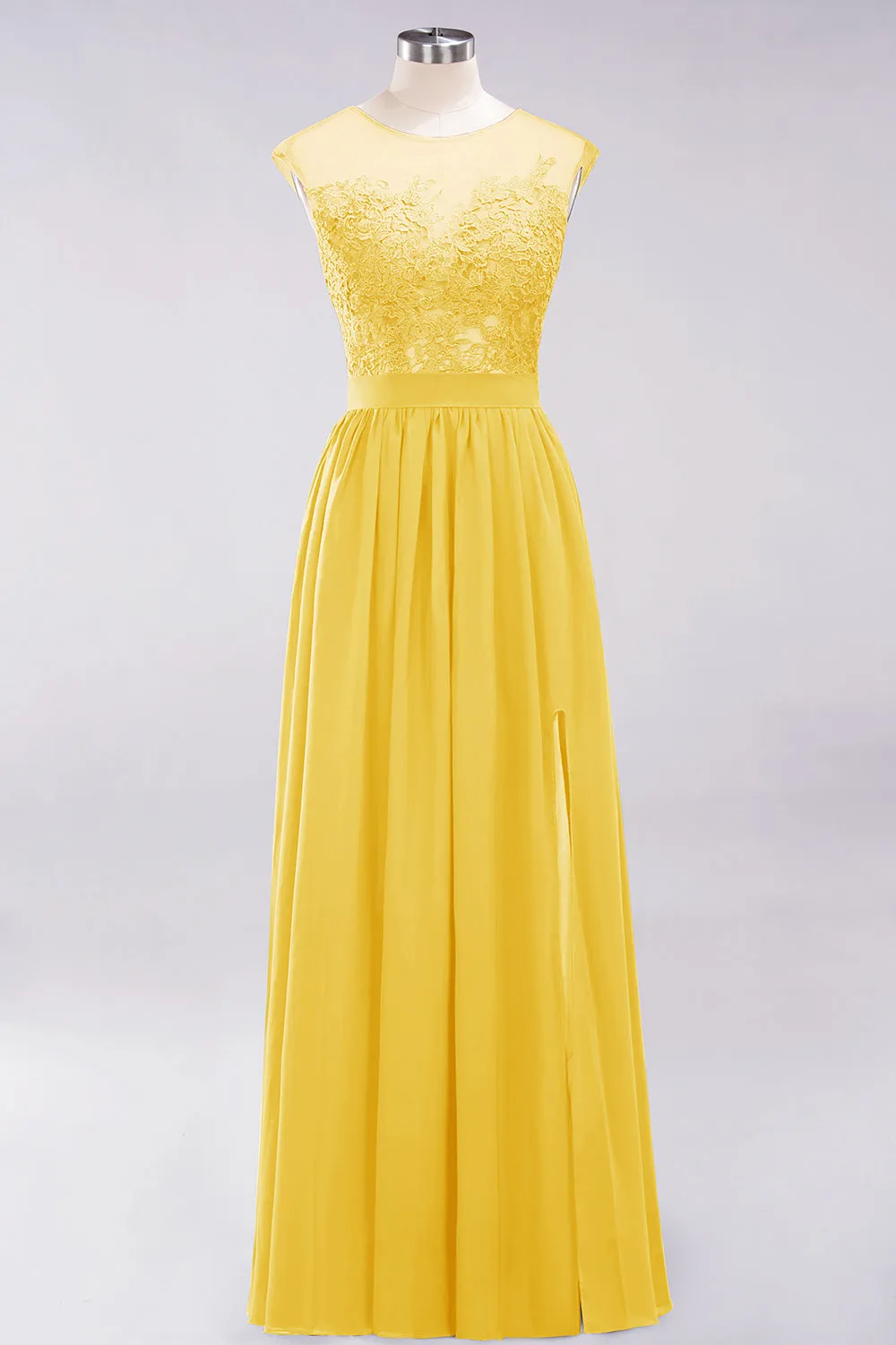 A-line Chiffon Lace Jewel Sleeveless Long Bridesmaid Dresses with Slit