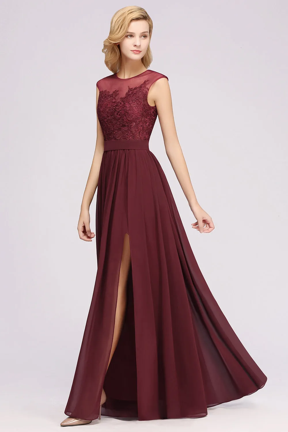 A-line Chiffon Lace Jewel Sleeveless Long Bridesmaid Dresses with Slit