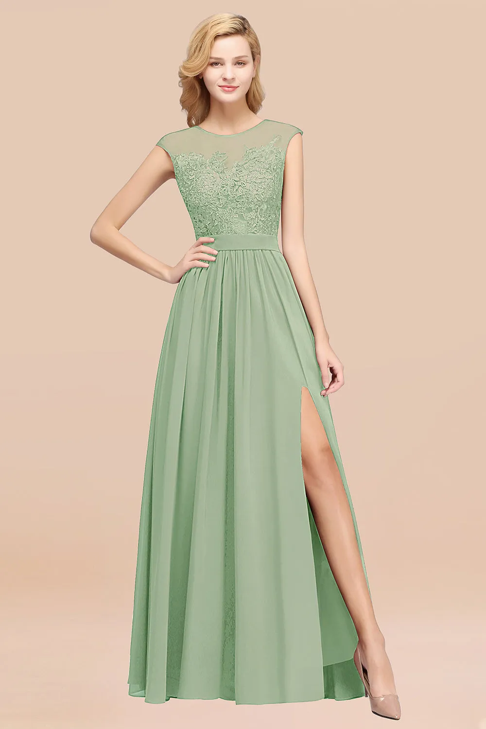 A-line Chiffon Lace Jewel Sleeveless Long Bridesmaid Dresses with Slit