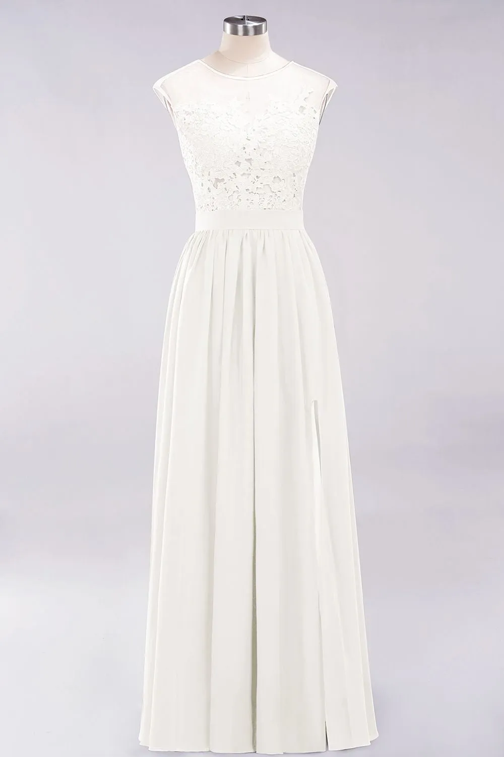 A-line Chiffon Lace Jewel Sleeveless Long Bridesmaid Dresses with Slit