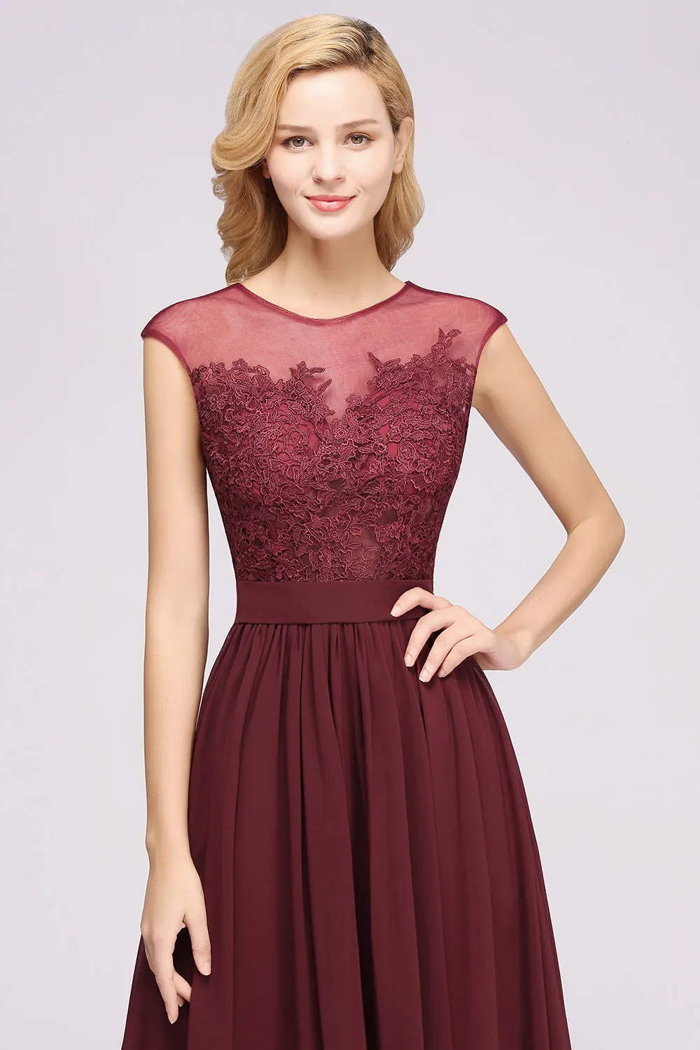 A-line Chiffon Lace Jewel Sleeveless Long Bridesmaid Dresses with Slit