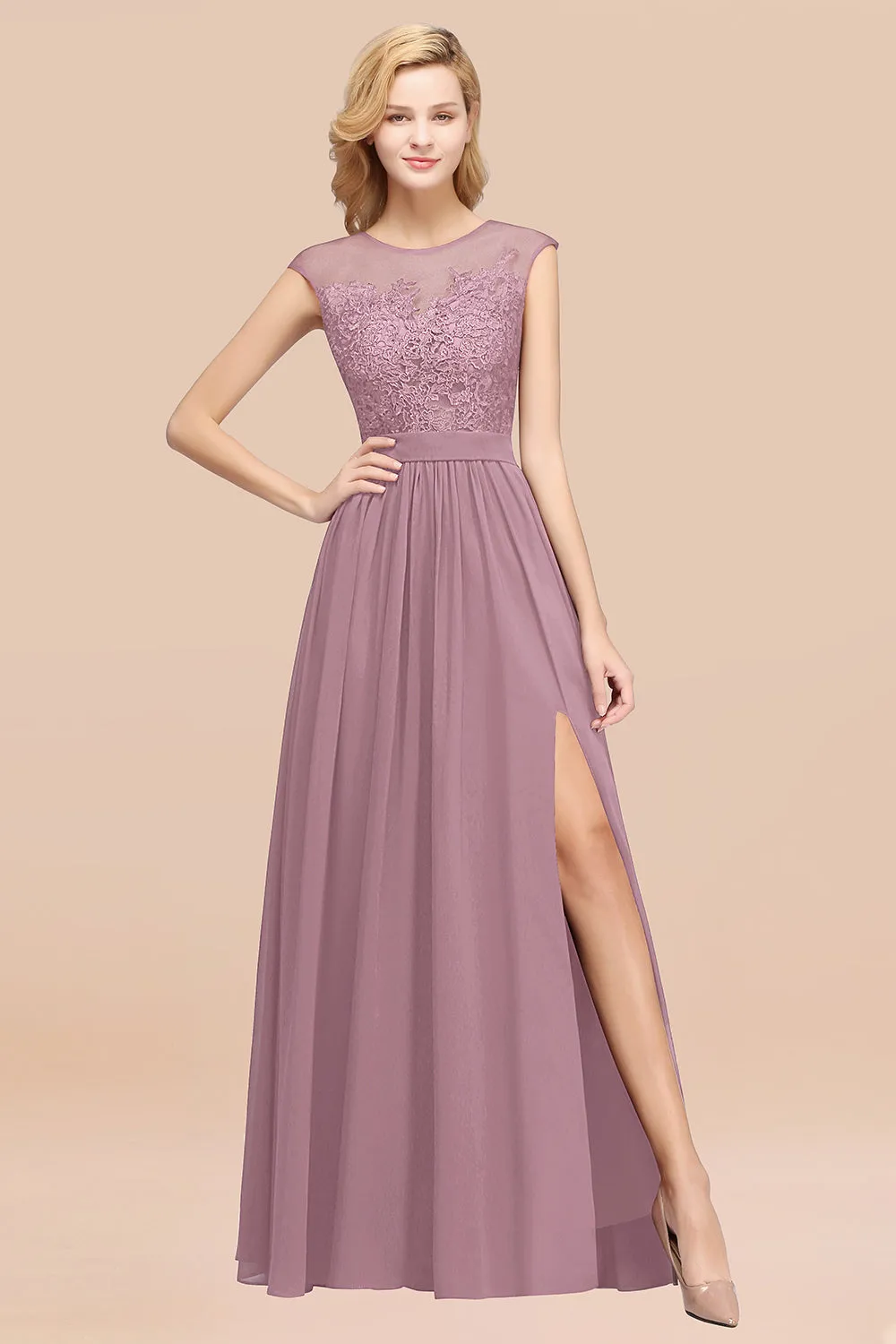 A-line Chiffon Lace Jewel Sleeveless Long Bridesmaid Dresses with Slit