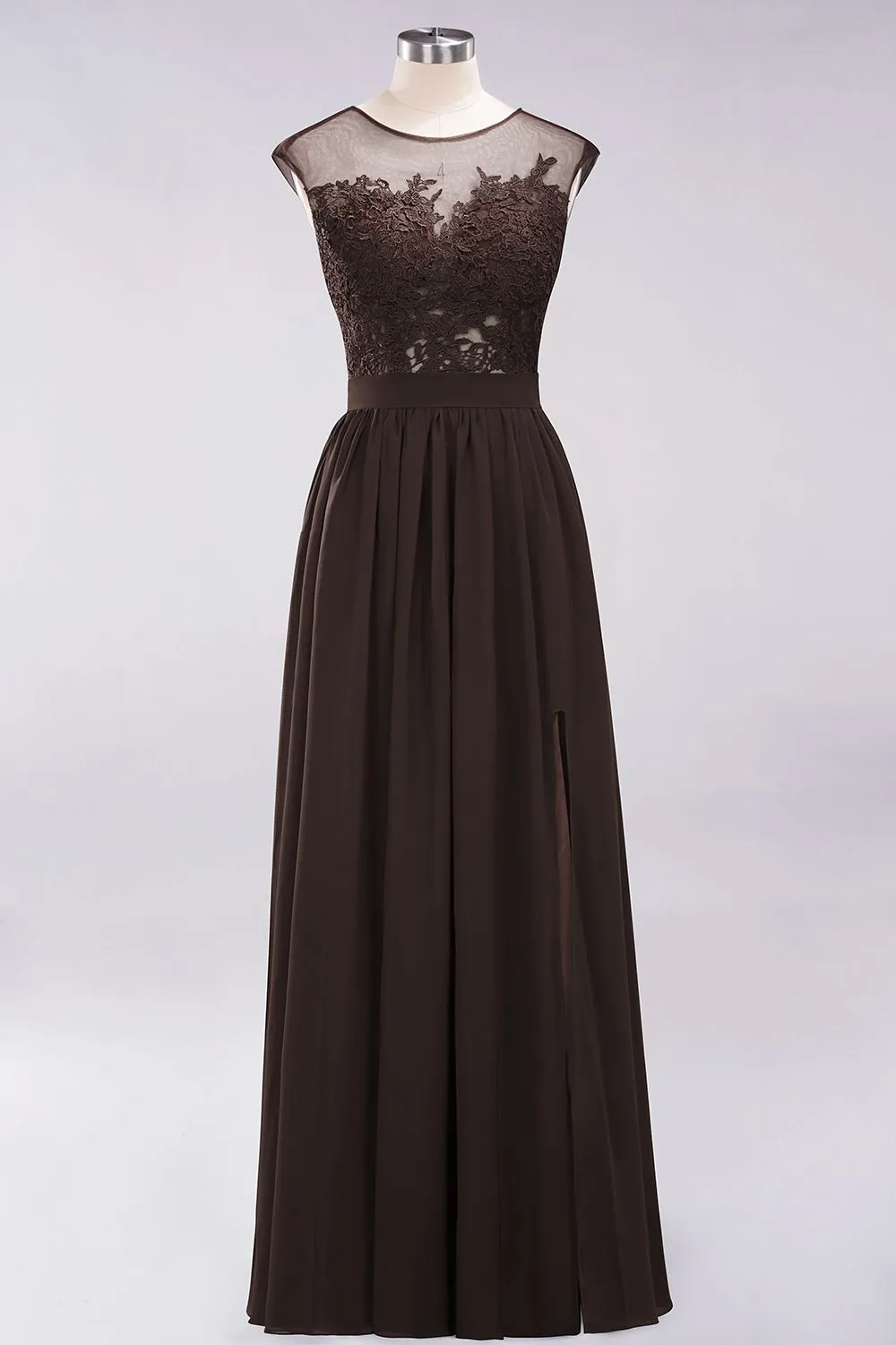 A-line Chiffon Lace Jewel Sleeveless Long Bridesmaid Dresses with Slit