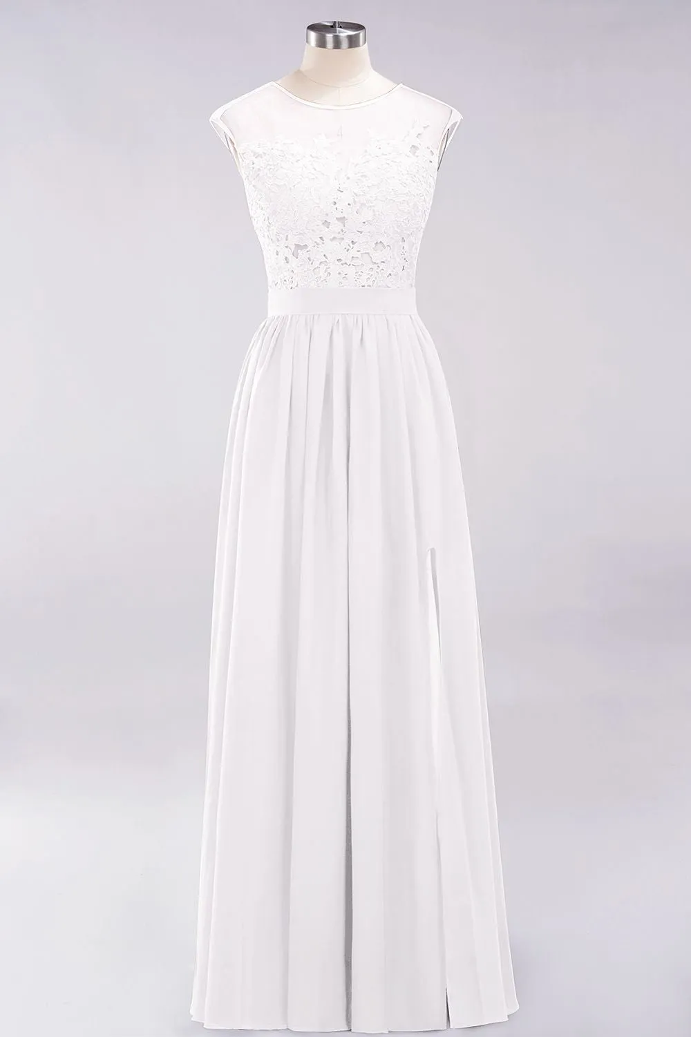 A-line Chiffon Lace Jewel Sleeveless Long Bridesmaid Dresses with Slit