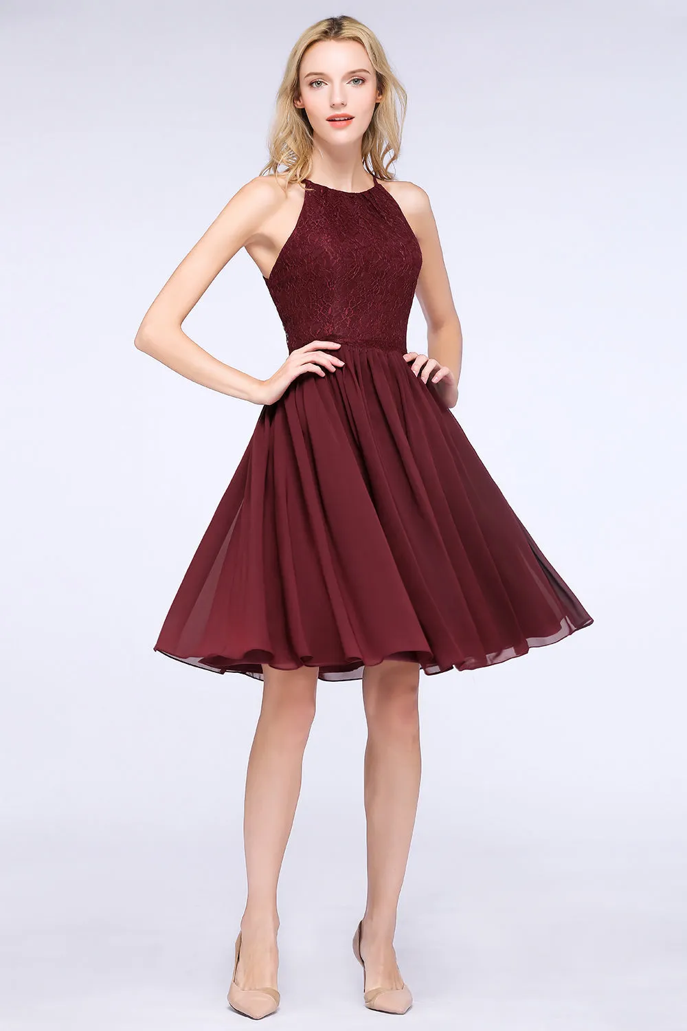 A-line Chiffon Lace Jewel Sleeveless Short Bridesmaid Dresses with Ruffles