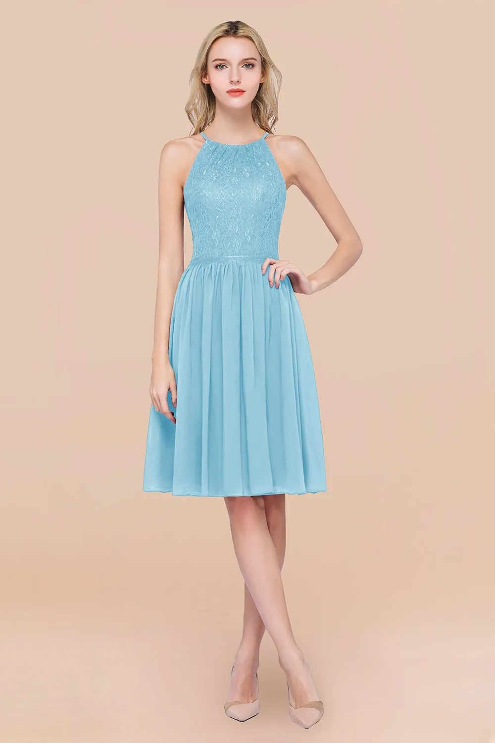 A-line Chiffon Lace Jewel Sleeveless Short Bridesmaid Dresses with Ruffles