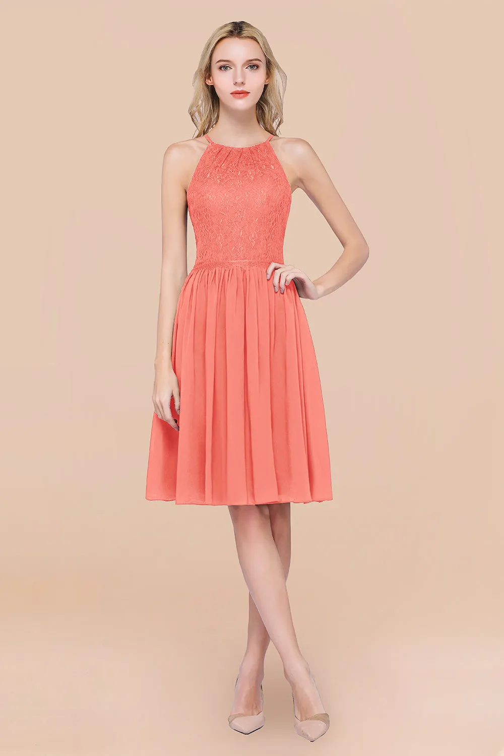 A-line Chiffon Lace Jewel Sleeveless Short Bridesmaid Dresses with Ruffles