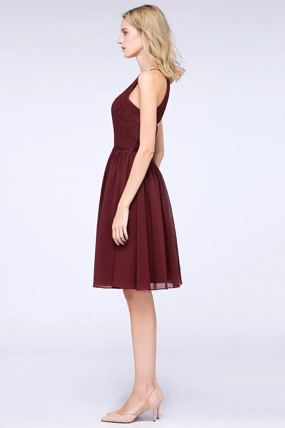 A-line Chiffon Lace Jewel Sleeveless Short Bridesmaid Dresses with Ruffles