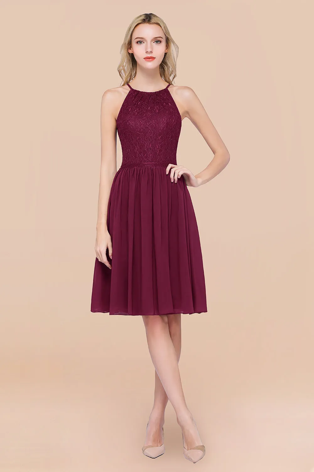 A-line Chiffon Lace Jewel Sleeveless Short Bridesmaid Dresses with Ruffles