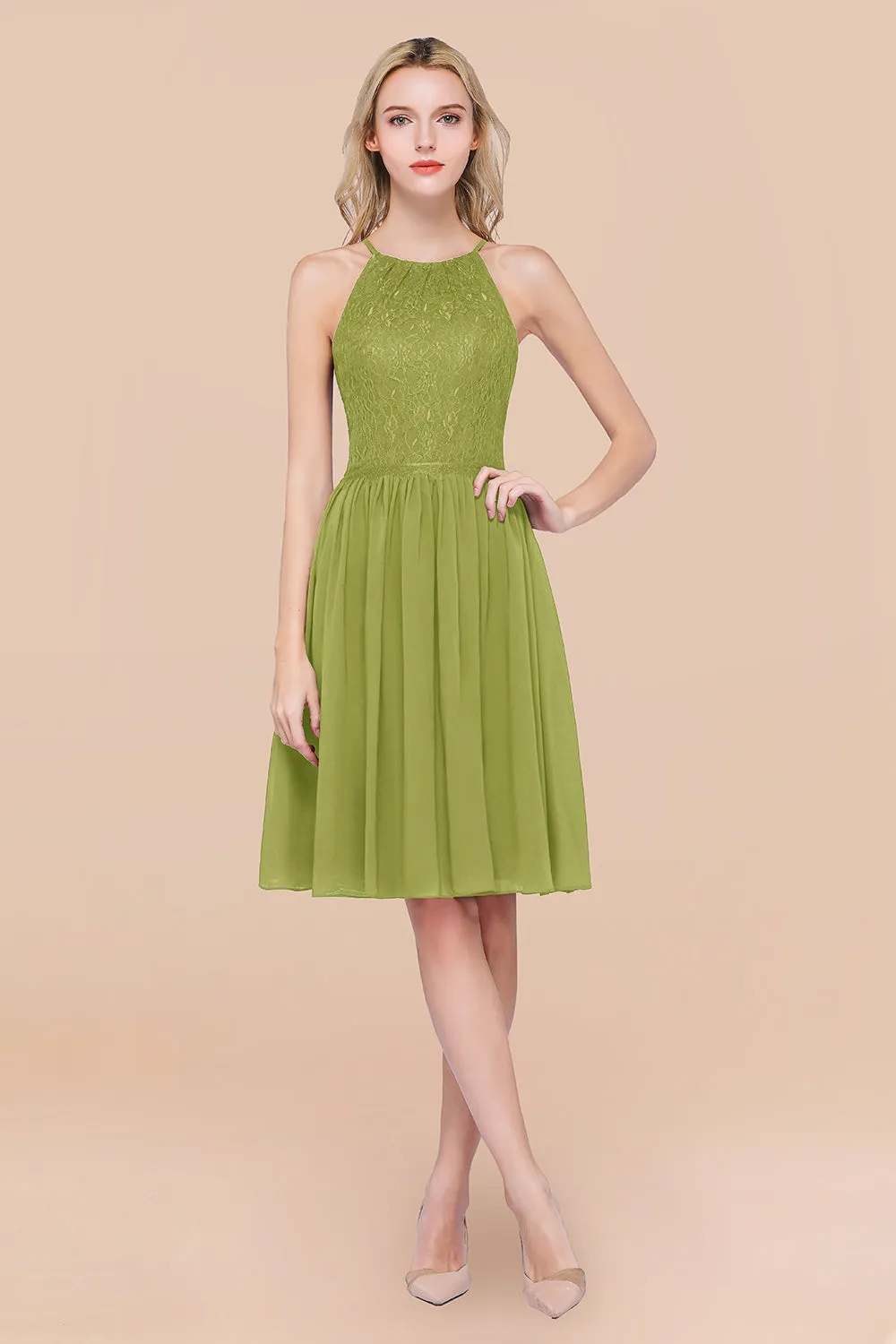 A-line Chiffon Lace Jewel Sleeveless Short Bridesmaid Dresses with Ruffles