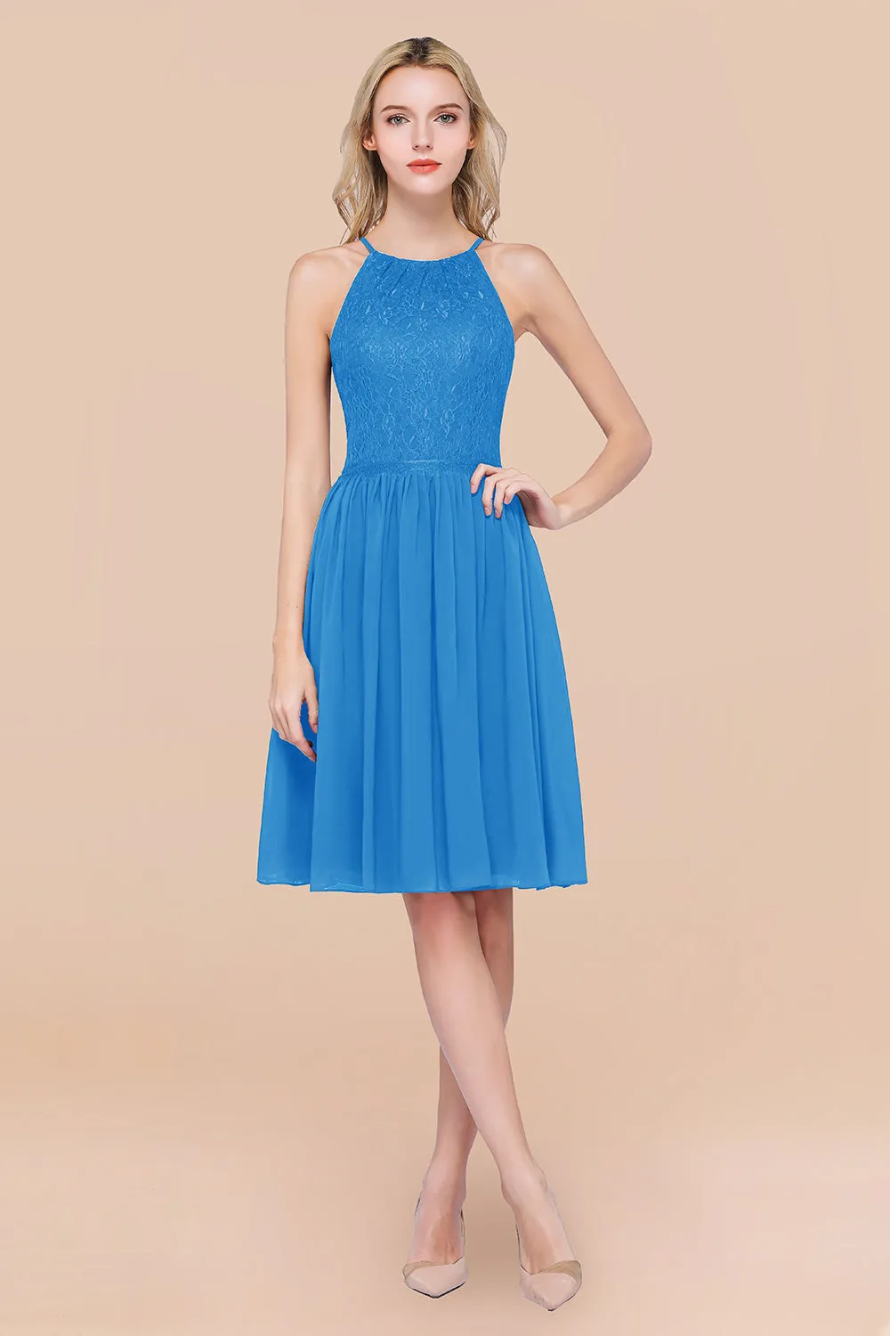 A-line Chiffon Lace Jewel Sleeveless Short Bridesmaid Dresses with Ruffles