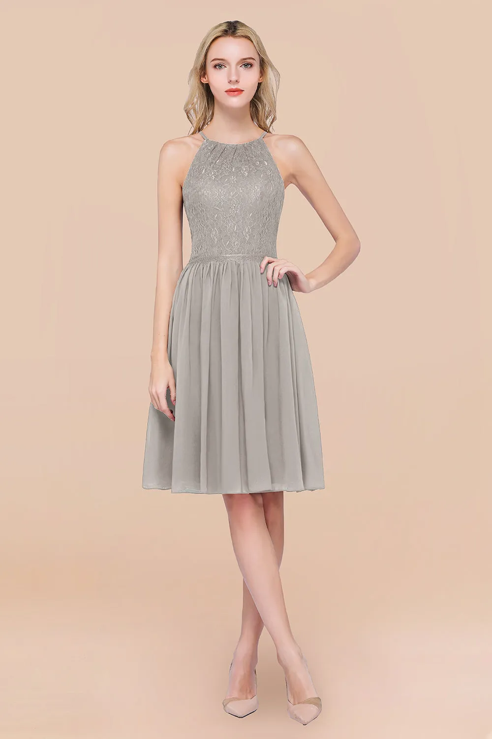 A-line Chiffon Lace Jewel Sleeveless Short Bridesmaid Dresses with Ruffles