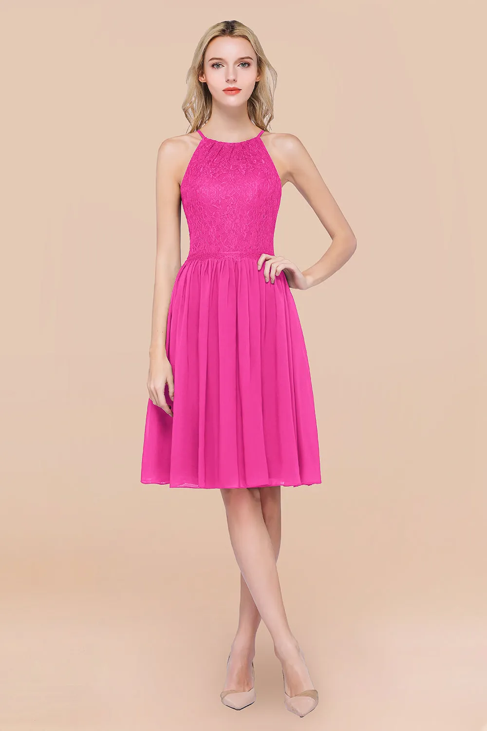 A-line Chiffon Lace Jewel Sleeveless Short Bridesmaid Dresses with Ruffles