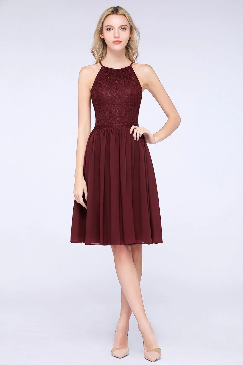 A-line Chiffon Lace Jewel Sleeveless Short Bridesmaid Dresses with Ruffles