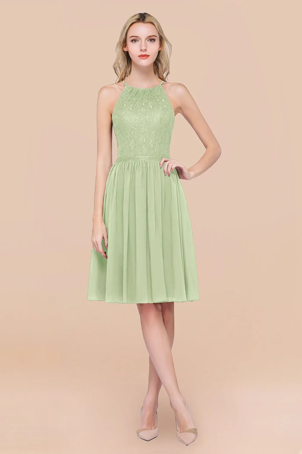 A-line Chiffon Lace Jewel Sleeveless Short Bridesmaid Dresses with Ruffles