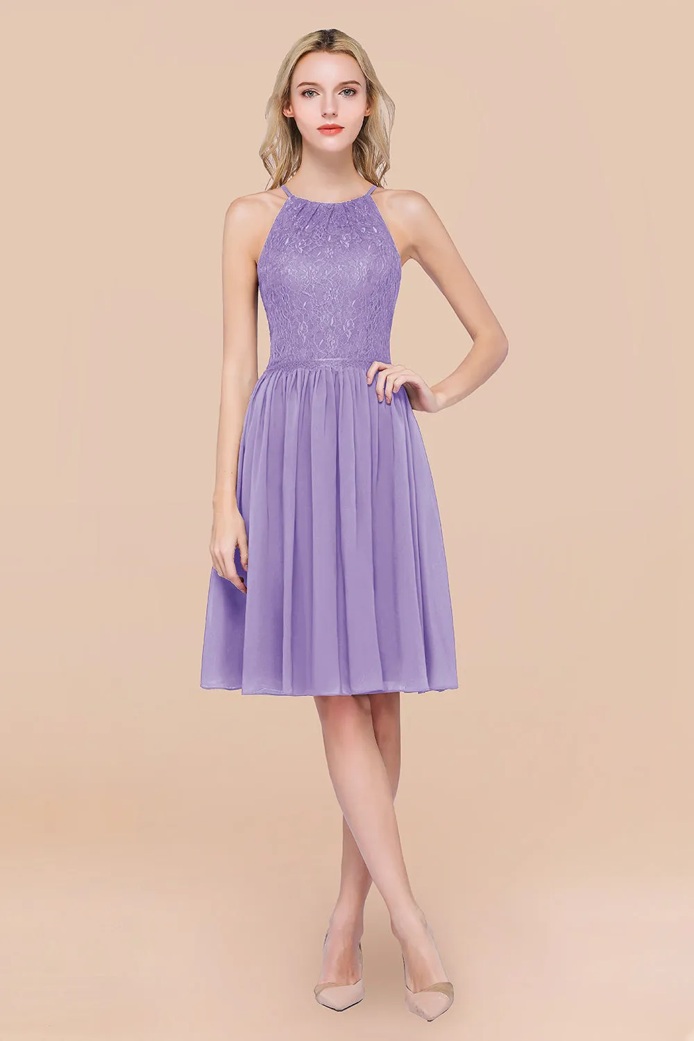 A-line Chiffon Lace Jewel Sleeveless Short Bridesmaid Dresses with Ruffles