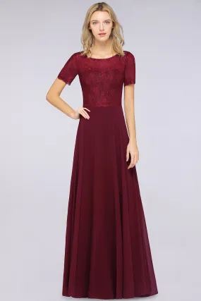 A-Line Chiffon Lace Round-Neck Long Bridesmaid Dress with Sleeves