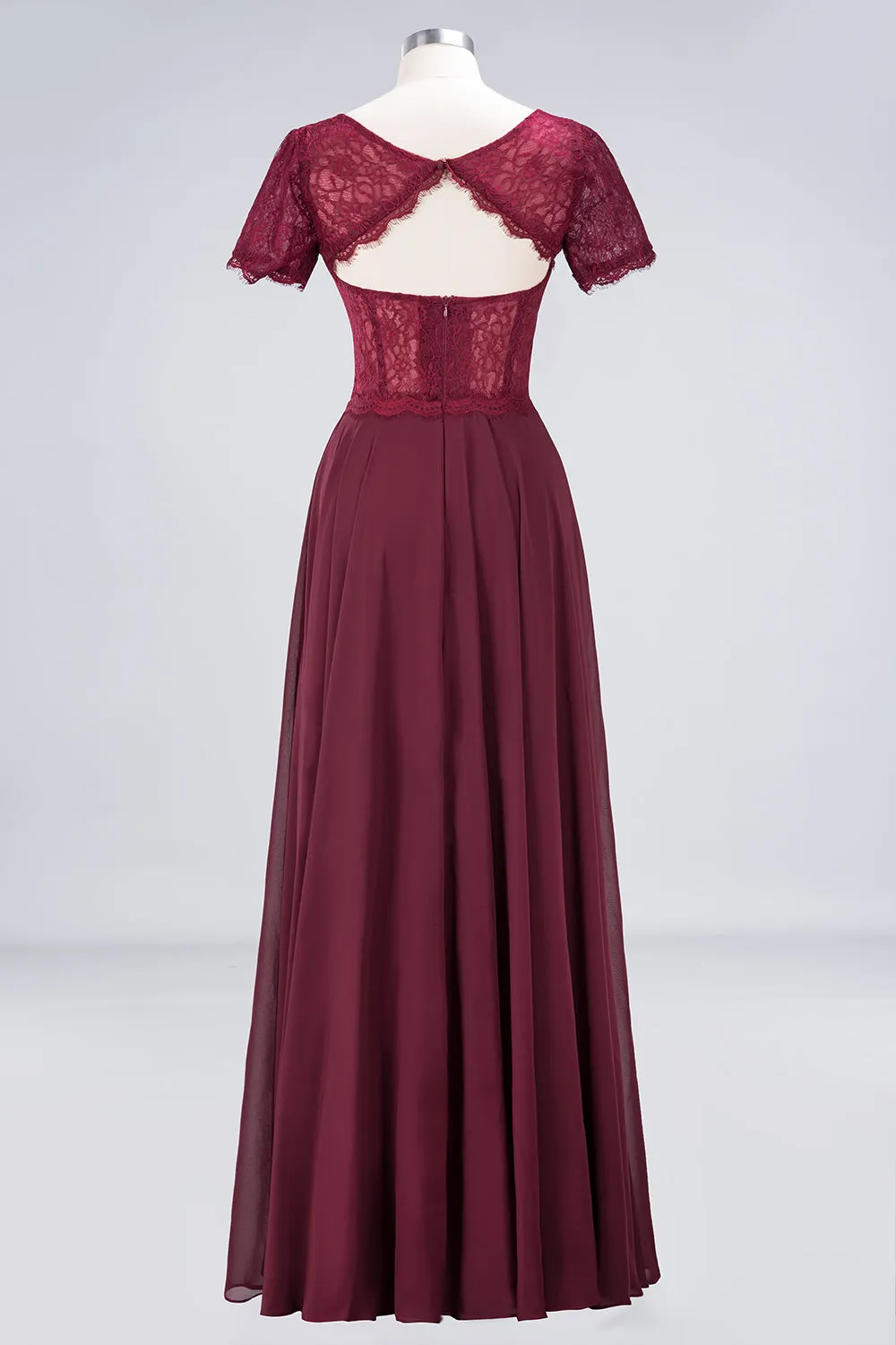 A-Line Chiffon Lace Round-Neck Long Bridesmaid Dress with Sleeves