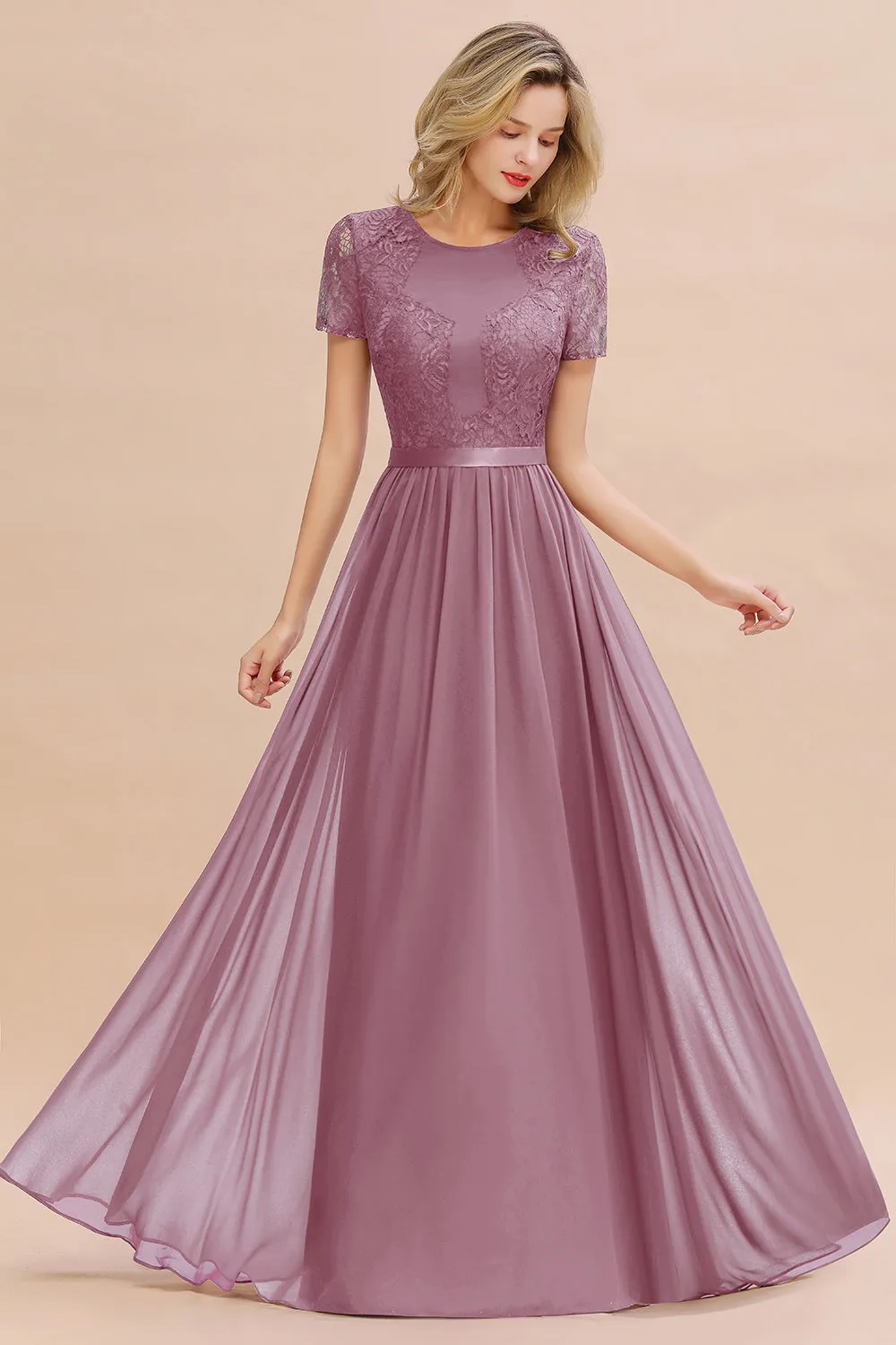 A-line Chiffon Lace Scoop Long Bridesmaid Dress with Sleeves