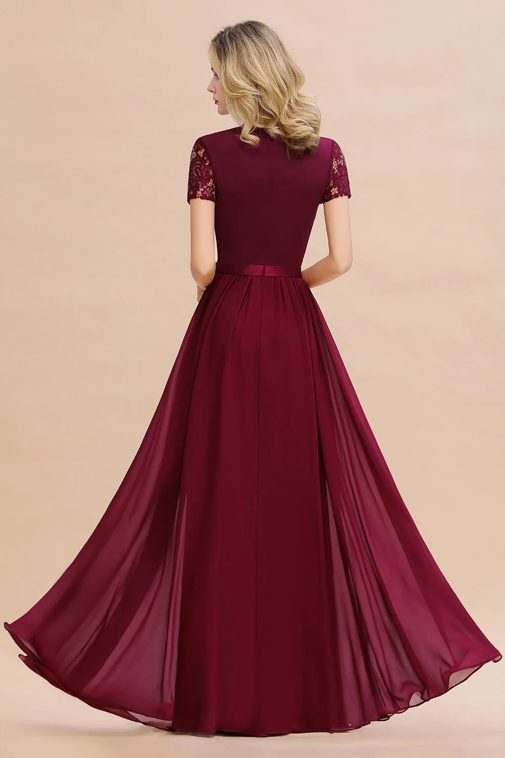 A-line Chiffon Lace Scoop Long Bridesmaid Dress with Sleeves