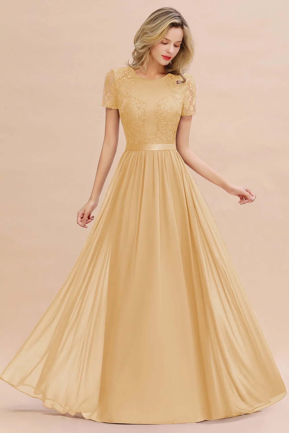 A-line Chiffon Lace Scoop Long Bridesmaid Dress with Sleeves