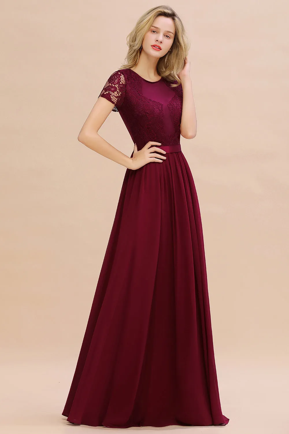 A-line Chiffon Lace Scoop Long Bridesmaid Dress with Sleeves