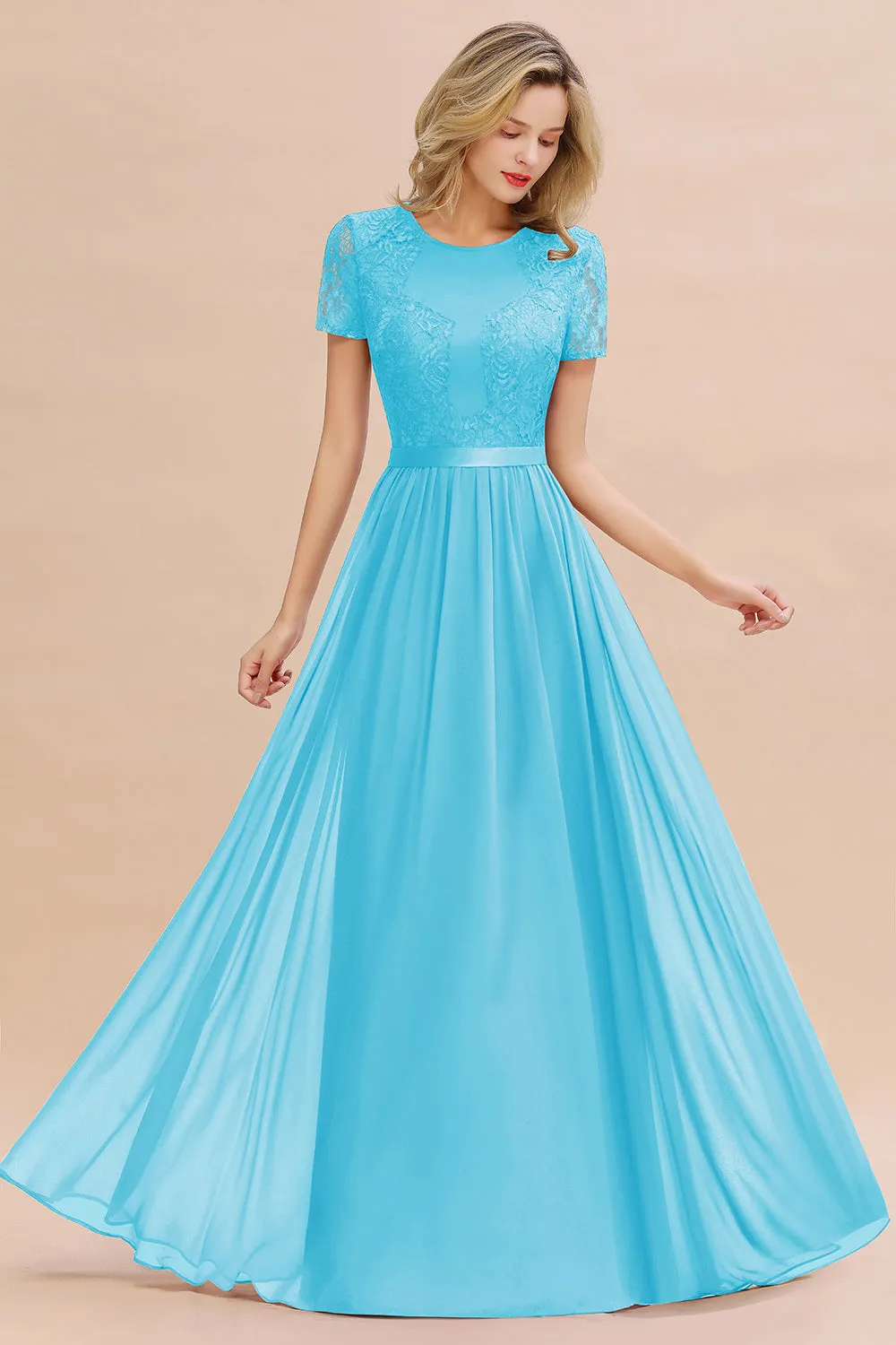 A-line Chiffon Lace Scoop Long Bridesmaid Dress with Sleeves