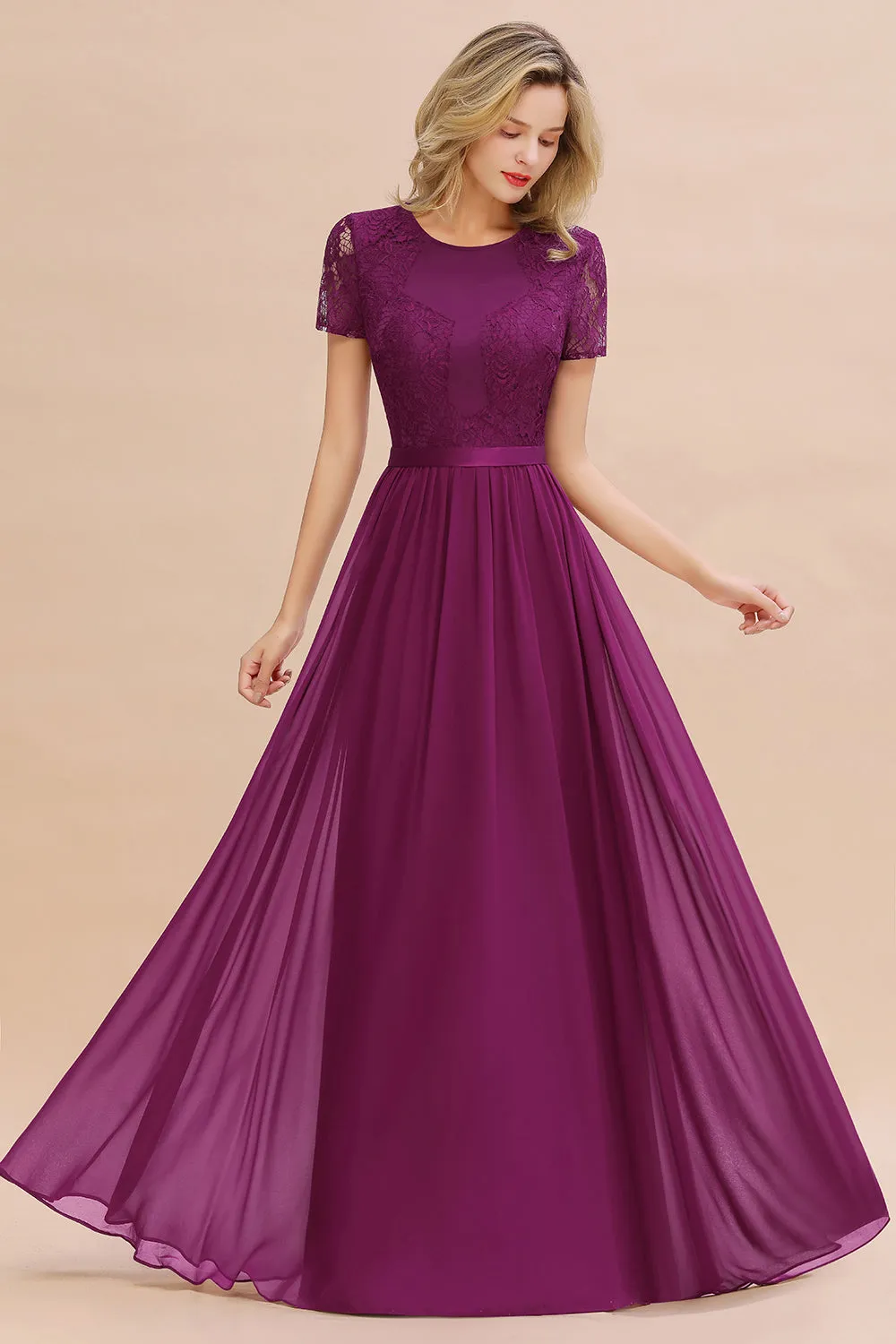 A-line Chiffon Lace Scoop Long Bridesmaid Dress with Sleeves