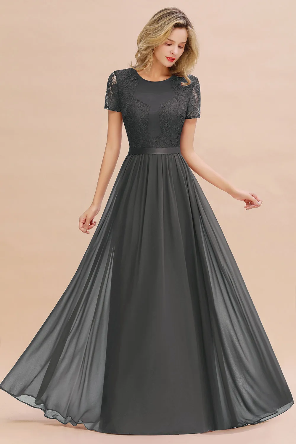 A-line Chiffon Lace Scoop Long Bridesmaid Dress with Sleeves