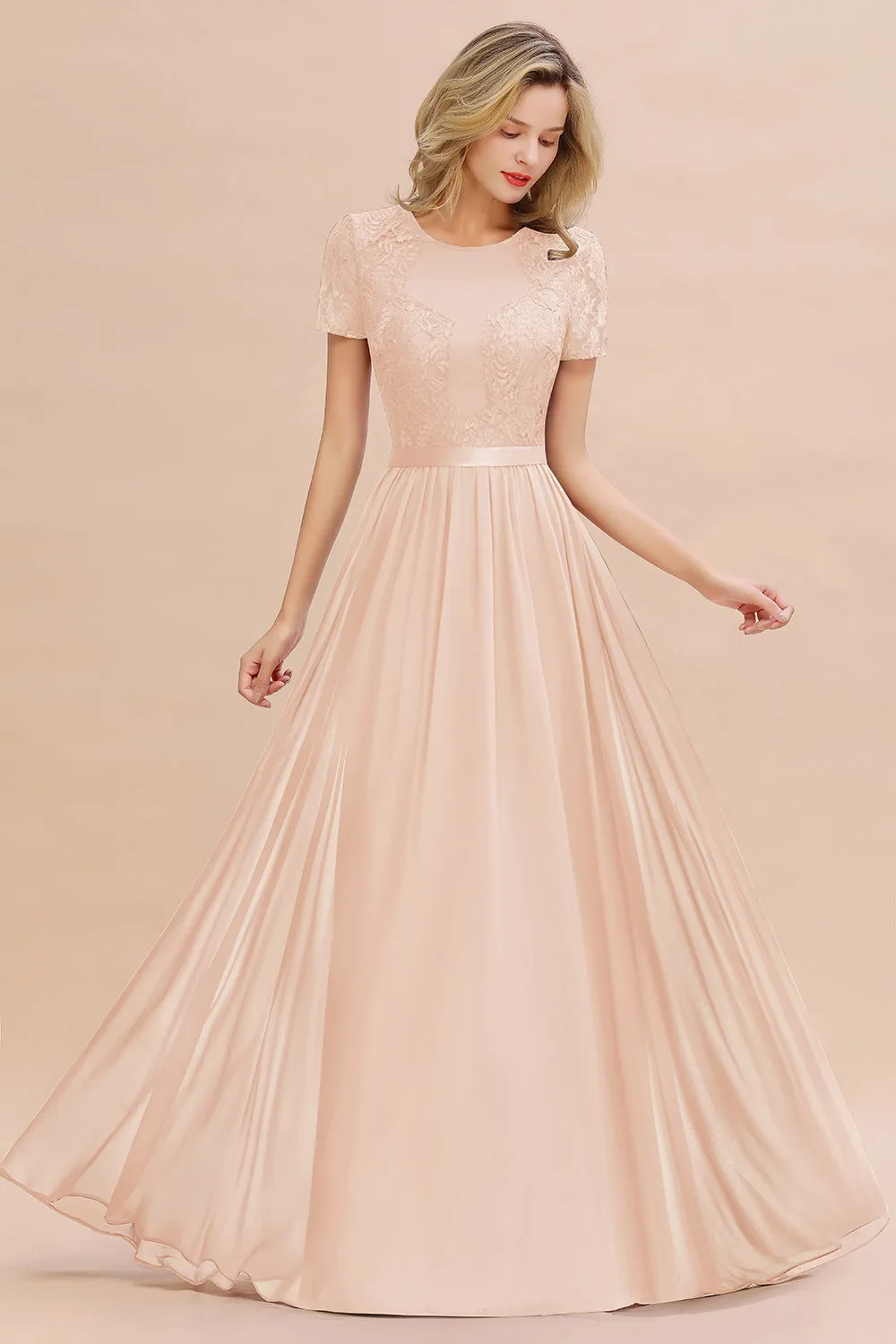 A-line Chiffon Lace Scoop Long Bridesmaid Dress with Sleeves